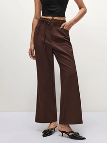 SHEIN TRNDY 2000s Style Women's Autumn/Winter Elegant Waist Bow Decor Commute & Casual Long Pants - Coffee Brown - View 1