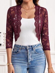 SHEIN Clasi 女款蕾絲 3/4 袖開襟短版輕量夾克 - 酒紅色 - 查看 4