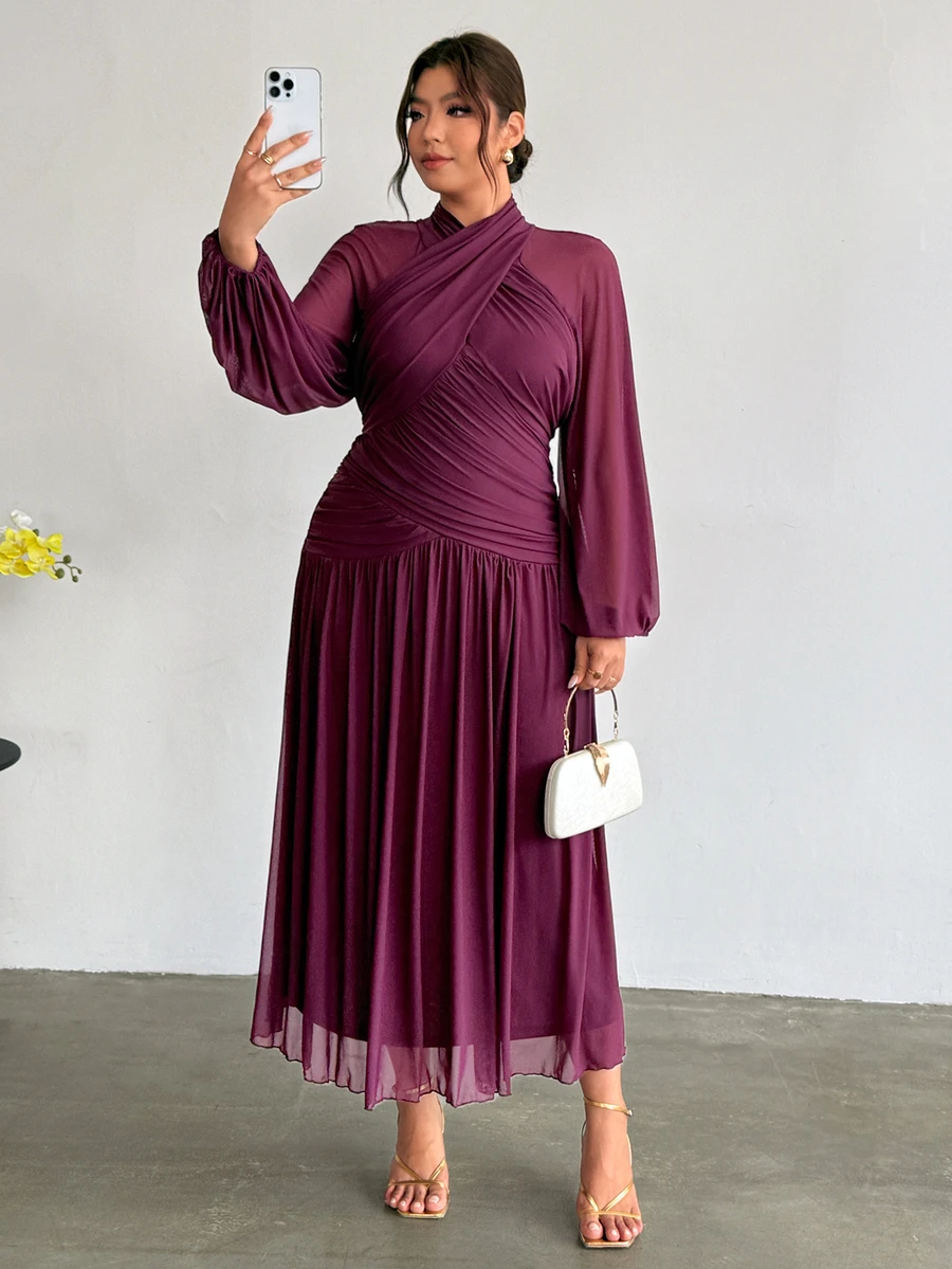 Firerie Plus Size New Cross Design Ruched Lantern Sleeve Asymmetrical Body Gathered Full Flare Long Dress - Red Violet - View 1