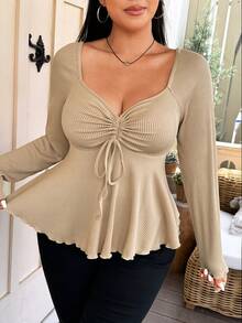 Vionelle Diamond Neckline Front Drawstring Ribbed Plus Size Long Sleeve T-Shirt - Apricot - View 7
