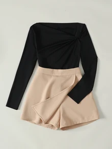 SHEIN Tween Girl Autumn/Winter Commute Elegant Korean Style Soft Comfortable Mini Set: Asymmetric Black Design Top + Front Slit High Waist Shorts Skirt - Black - View 6