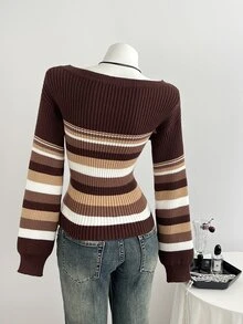 Elamini Minimalist Women's Autumn/Winter Brown Long Sleeve Asymmetric Shoulder Cold Shoulder Striped Fitted Knit Sweater Top - Brown - View 2