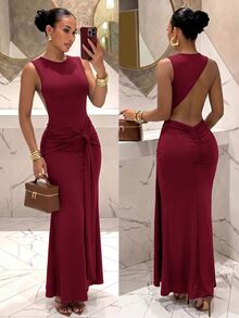 Slaydiva Women Elegant One Shoulder Backless Ruched Mermaid Maxi Dress Side Knot Draped Bodycon Evening Gown - Burgundy - View 4