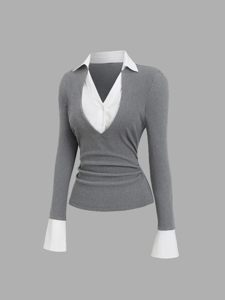 Sweetra Autumn/Winter New American Retro Polo Collar Patchwork Knit Slim Fit Flattering Women's 2 In 1 Shirt, Elegant Daily Study Commute - Grey - View 1