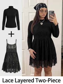 Comfortcana Plus Size Autumn/Winter Lace Camisole Dress & High Neck Cotton T-Shirt Black Set - Black - View 1