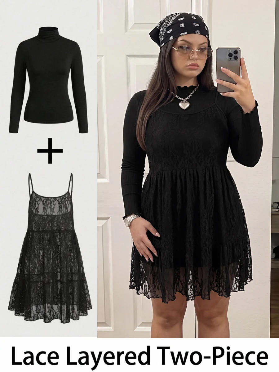 Comfortcana Plus Size Autumn/Winter Lace Camisole Dress & High Neck Cotton T-Shirt Black Set - Black - View 1