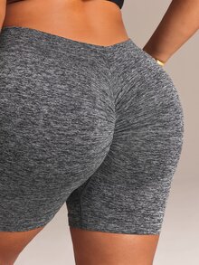 SHEIN Rhythm Era Women's Plus Size Solid Color High Waist Daily Fitness Sports Shorts - Dark Grey - View 3