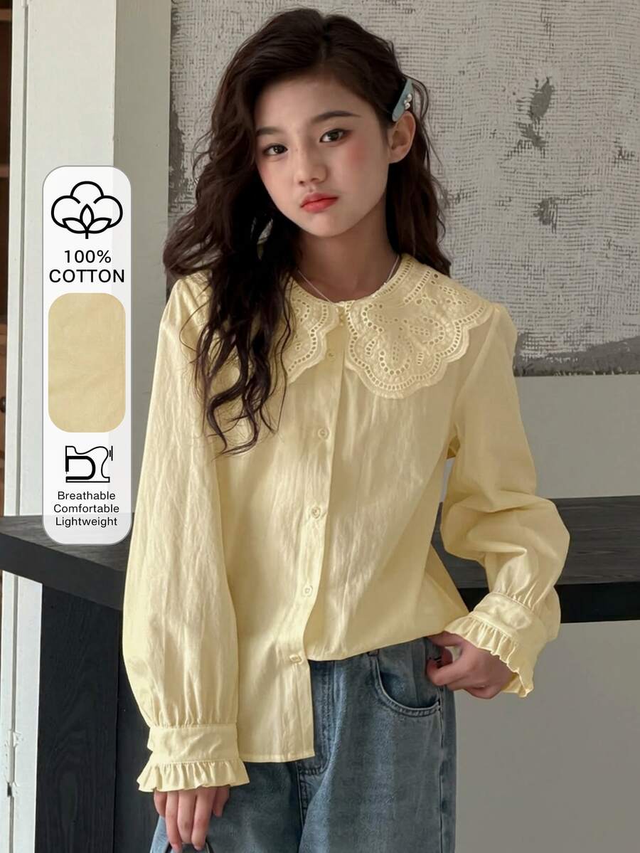 DAZY 青少年女孩秋季服飾蕾絲娃娃臉泡泡袖長袖甜美襯衫 - 米色 - 查看 1