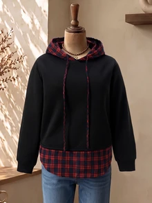 Rusticease Plus Size Colorblock Layered Drawstring Hooded Long Sleeve Sweatshirt Casual Streetwear Fall Winter 2026 - Multicolor - View 8
