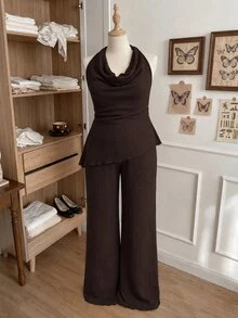Comfortcana Women's Plus Size Draped Neck Backless Cowl Neck Asymmetrical Hem Waist-Cinching Tank Top And Loose Straight Leg Pants 2 Pieces Set - Brown - View 6