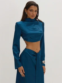 MUSEYN Teal Blue Satin Scarf Drape High Neck Top Classy Date Night Chic Evening Fall - Navy Blue - View 2