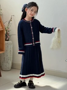 DAZY Tween Girls Sweater Set Cardigan And Dress Striped Decor Casual Fashion Creative Personalized Fresh Cute - Navy Blue - View 8