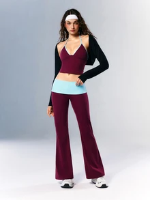VARSIVA Women's Minimalist Striped Colorblock Halter Tank Top And Flared Long Pants Sports Set - Multicolor - View 1