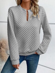 SHEIN LUNE 女款V領插肩袖長袖休閒寬鬆衛衣 - 灰色 - 查看 6