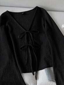 SHEIN LUNE 女款黑白配色上衣套裝 2件組 素色綁帶長袖上衣 80年代風 約會穿搭 秋冬 2026 - 彩色 - 查看 5