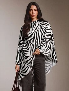 COSMINA Atasan Asimetris Motif Zebra Elegan Kasual Terbaru untuk Wanita - Hitam dan Putih - View 3