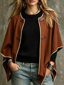 SHEIN Women's Autumn/Winter Piped Trim Snap Button Front Cape Overcoat - Apricot - View 6