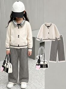 SHEIN Young Girl Bow Decor Long Sleeve Knit Cardigan And Striped Knit Pants Set - Multicolor - View 6