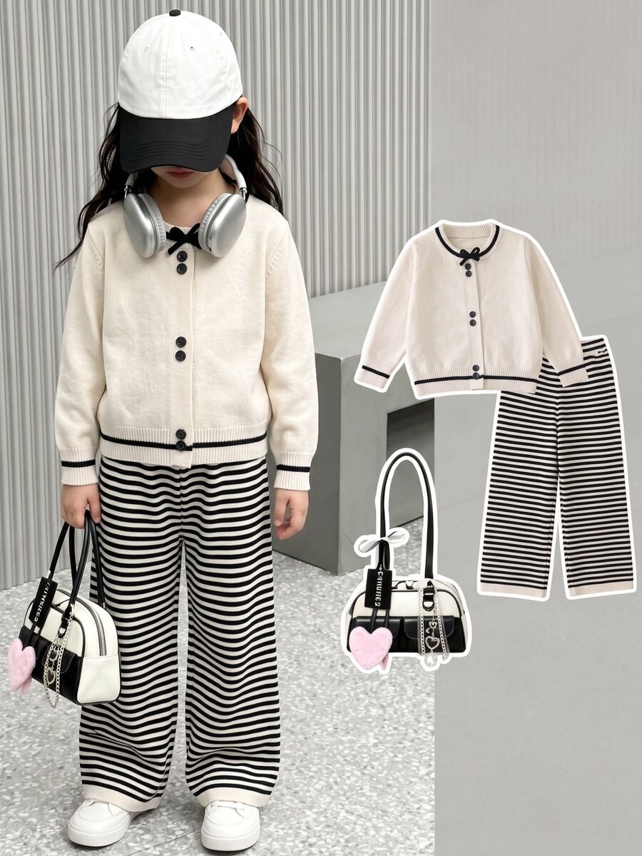 SHEIN Young Girl Bow Decor Long Sleeve Knit Cardigan And Striped Knit Pants Set - Multicolor - View 1