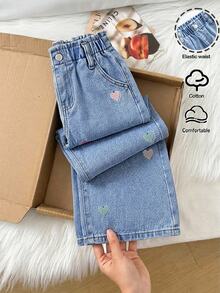 Young Girl Fall/Winter Y2k Colorful Heart Embroidery Pattern Blue Denim Loose Waist Jeans, For Daily And Streetwear - Light Wash - View 7
