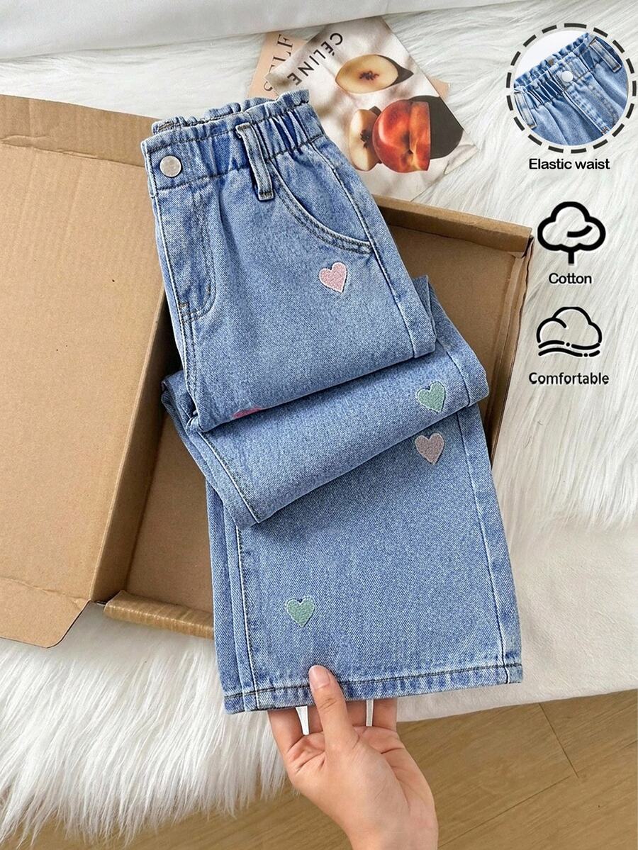 Young Girl Fall/Winter Y2k Colorful Heart Embroidery Pattern Blue Denim Loose Waist Jeans, For Daily And Streetwear - Light Wash - View 1