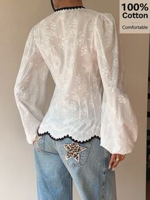 Siren Gaze Women's Embroidered Openwork Top, V-Neck With Lace Trim, Long Puff Sleeves, Front Tie Waist, Short Shirt, Available In White, Cream, And Ivory. French Romantic Style, Sweet And Fashionable, Suitable For Casual Dates, Summer, Spring, And Autumn. - White - View 3