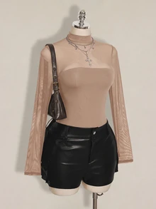 SHEIN ICON 大尺碼網格拼接 Y2K 性感連身衣 - 卡其色 - 查看 5