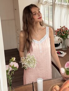 Snug Reverie Women's Fresh Light Blue Comfortable Jacquard Contrast Color Embroidered Lace Ruffle Camisole Nightgown - Pink - View 6