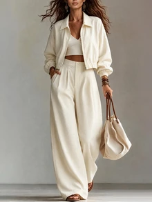 Balvessa Women's 2 Pieces Set, Women's Daily Commute Casual 2 Pieces Set, Solid Color Outfit, Jacket 2 Pieces Set, Women's Elegant 2 Pieces Set - Apricot - View 1