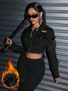 Flirla Women's Distressed Washed Denim Short Jacket With Frayed Hem Design, Fashion Long Sleeve - Black - View 5