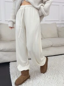 Feyla Celana Panjang Wanita Model Lurus Warna Polos dengan Tali Serut, Warna Putih Gading, Kasual Musim Gugur dan Musim Dingin. - Aprikot - View 4