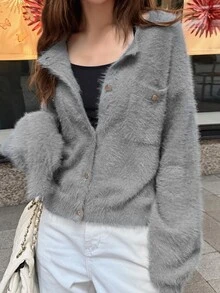 FRIFUL Middle-Aged & Elderly Women Solid Color Casual Versatile Daily Wear Knit Top Cardigan - Grey - View 6