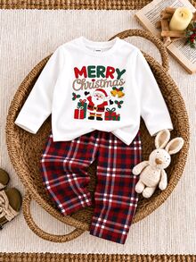 Young Boy Christmas Pattern Knitted Soft Crew Neck Long Sleeve Pullover Sweatshirt & Elastic Waist Long Pants 2pcs Set Kids - White - View 4