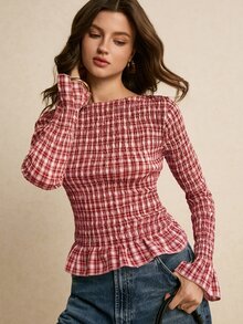 Poéselle Women's Plaid Pattern Long Sleeve Round Neck Ruffle Hem Blouse - Red - View 4