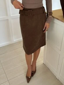 DAZY Autumn/Winter Brown Suede Belt Decor Bodycon Mid-Length Elegant Commute Office Date Women's Skirt - Brown - View 1