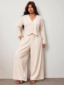 Enliva Plus-Size Women's Casual Striped Shirt And Trousers Set Apple,Rounded Body - Apricot - View 7