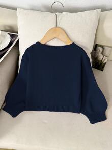 SHEIN LMoss Kids 女童少女粉色針織秋季毛衣，蝴蝶結裝飾，可愛休閒，柔軟舒適百搭，適合派對與度假場合 - 藍色 - 查看 5