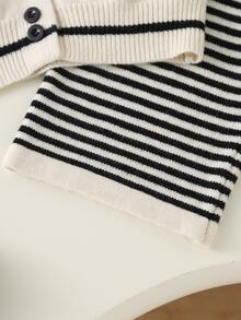 SHEIN Young Girl Bow Decor Long Sleeve Knit Cardigan And Striped Knit Pants Set - Multicolor - View 5