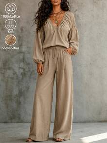 LUMIGAL Women's 2 Pieces Set, Casual Daily Outfit, Solid Color Set - Grey - View 3