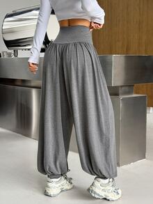 SHEIN EZwear 女款日常灰色針織高腰長褲 - 淺灰色 - 查看 2