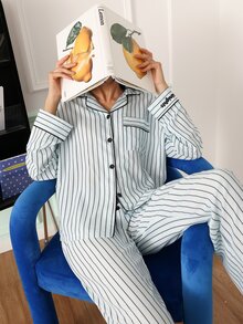 Chillnights Women's Casual Young Striped Print Colorblock Thin Cuff Embroidered Pajama Set - Blue - View 5
