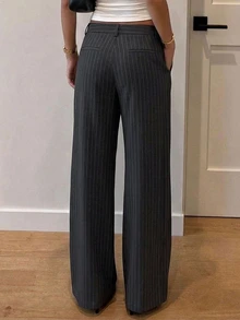 DAZY Women's Dark Grey Vertical Striped High Waist Pocket Pleated Loose Wide Leg Commuter Versatile Casual Long Pants - Black - View 2