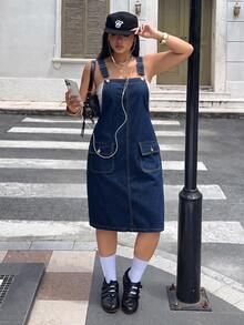 Rivivi 大尺碼女款休閒百搭鈕扣開襟水洗牛仔洋裝 - 深色水洗藍 - 查看 4
