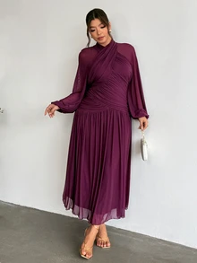 Firerie Plus Size New Cross Design Ruched Lantern Sleeve Asymmetrical Body Gathered Full Flare Long Dress - Red Violet - View 6
