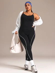 SHEIN Rhythm Era Seamless High Elasticity Plus Size Women's Sports Jumpsuit - Black - View 1