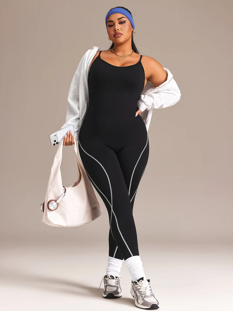 SHEIN Rhythm Era Seamless High Elasticity Plus Size Women's Sports Jumpsuit - Black - View 1