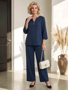 Miaspire Women's Solid Color Minimalist Loose 3/4 Sleeve Top And Long Pants Set - Navy Blue - View 3