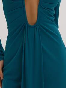 MUSEYN Teal Blue Jersey Deep Plunge Long Sleeve Maxi Dress Classy Date Night Chic Evening Fall - Dark Green - View 6