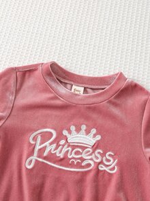 Cozy Pixies 女嬰字母皇冠刺繡天鵝絨圓領長袖套頭運動衫與彈性腰錐腳褲 2件組 幼兒女童服裝 舒適百搭時尚休閒可愛簡約全能風格 適用秋冬室內外 滑雪 開學 日常運動玩耍 派對 節日 萬聖節 聖誕節 新年 情人節 多種場合 - 粉色 - 查看 4