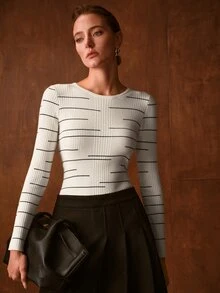 MOTF PREMIUM WOMEN'S ELEGANT STRIPED COLORBLOCK LONG SLEEVE SWEATER, AUTUMN/WINTER - Black and White - View 6